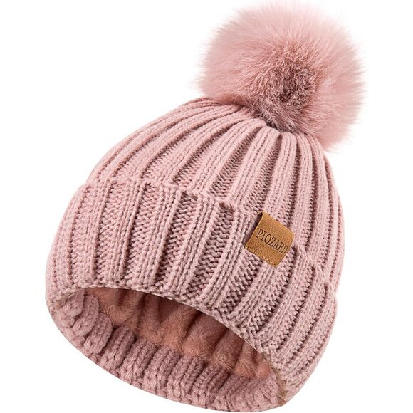 Women\'s Winter Dark Pink Beanie Fleece Lined Skull Faux Fur Pom Cuff Hat Cap main image 7